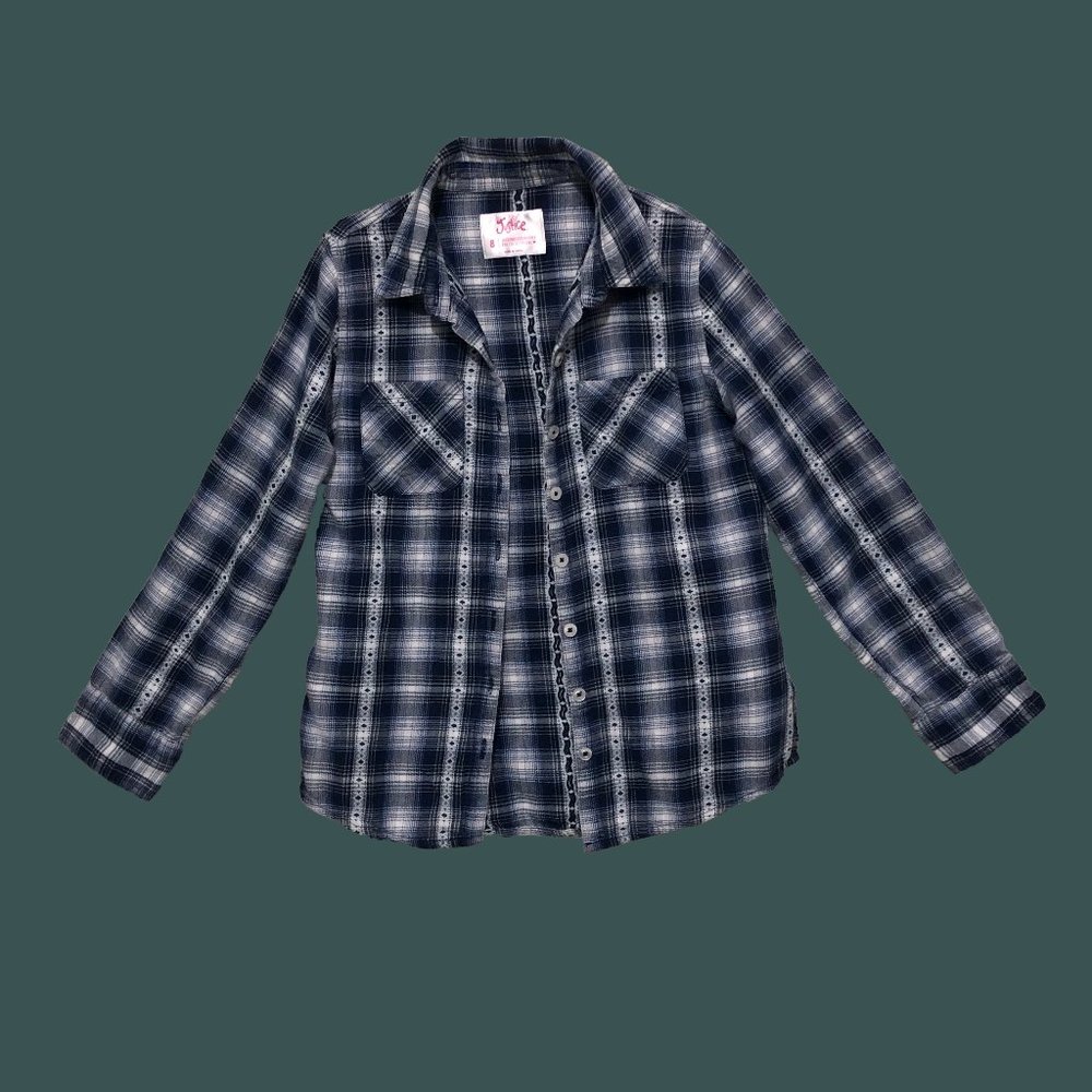 Justice, Plaid Button-Up Top, Blue and White, Size 8, Youth Girls